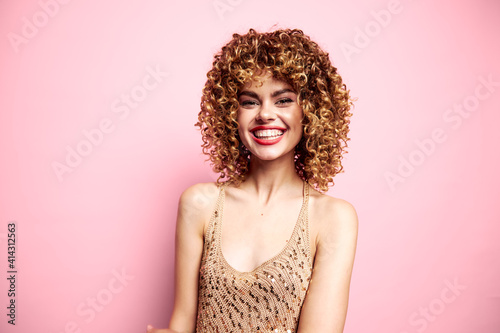 Attractive woman Happy smile curly hair tank top with sequins charm model pink