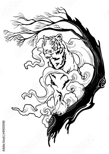 Tiger standing on the tree with steam cloud design for illustration ink drawing tattoo motif vector with white background 