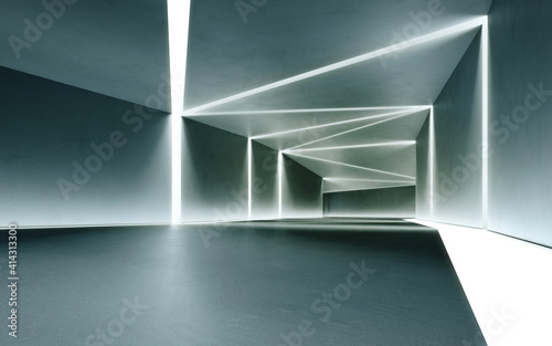 Abstract interior design 3D rendering of modern showroom. Empty floor for car park and concrete corridor background.