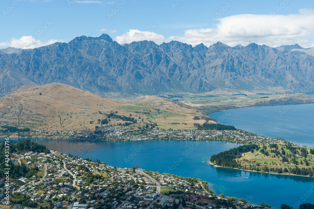 View from Bob's Peak above Queenstown township, Queenstown Gardens and Lake Wakatipu below and Remarkables Mountain Range beyond.