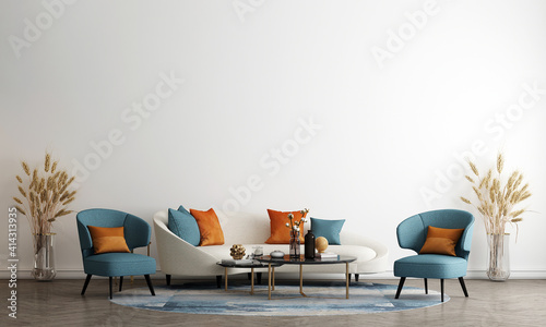 Modern mock up decor interior design of cozy living room and white wall texture background, 3d rendering