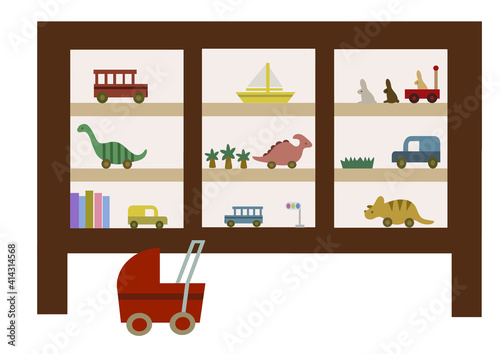 棚に飾られた木製のおもちゃと手押し車が描かれた、にぎやかで楽しい雰囲気の子供部屋をイメージした手描きイラスト（ステイホームや出産祝い、幼児教育に）