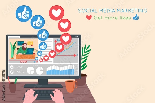 Smm, social media marketing, digital promotion on the internet, social network. Smm agency banner. The manager sets up a promotion strategy and marketing. Cartoon vector illustration for advertising.