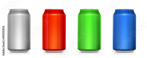 Set of realistic colored cans for beverages isolated on white background. Vector 3d illustration