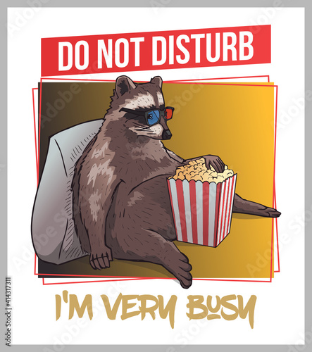 Vector illustration of fat raccoon sitting, eating popcorn and watching TV. Funny poster of relaxing raccoon