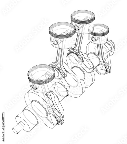 Engine crankshaft with pistons outline. Vector
