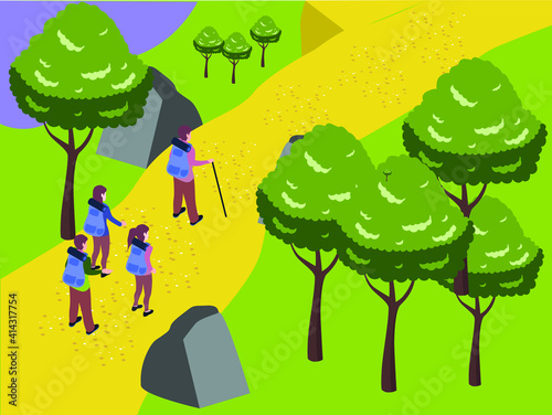 People hiking isometric 3d vector concept for banner, website, illustration, landing page, flyer, etc.