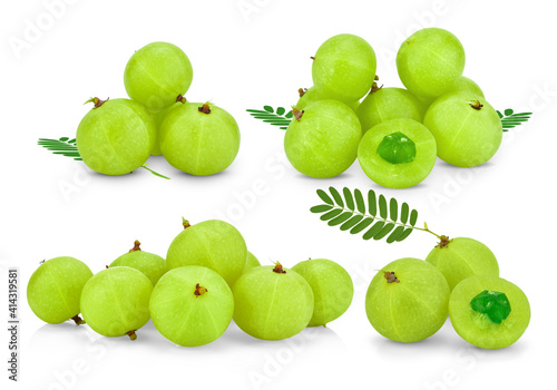 Indian gooseberry with leaf isolated on white background.