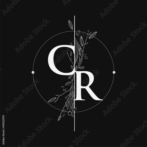 Letter CR Initial Logo with Hand Draw Floral, Initial Wedding Font Logo with Circle and Flowers.
