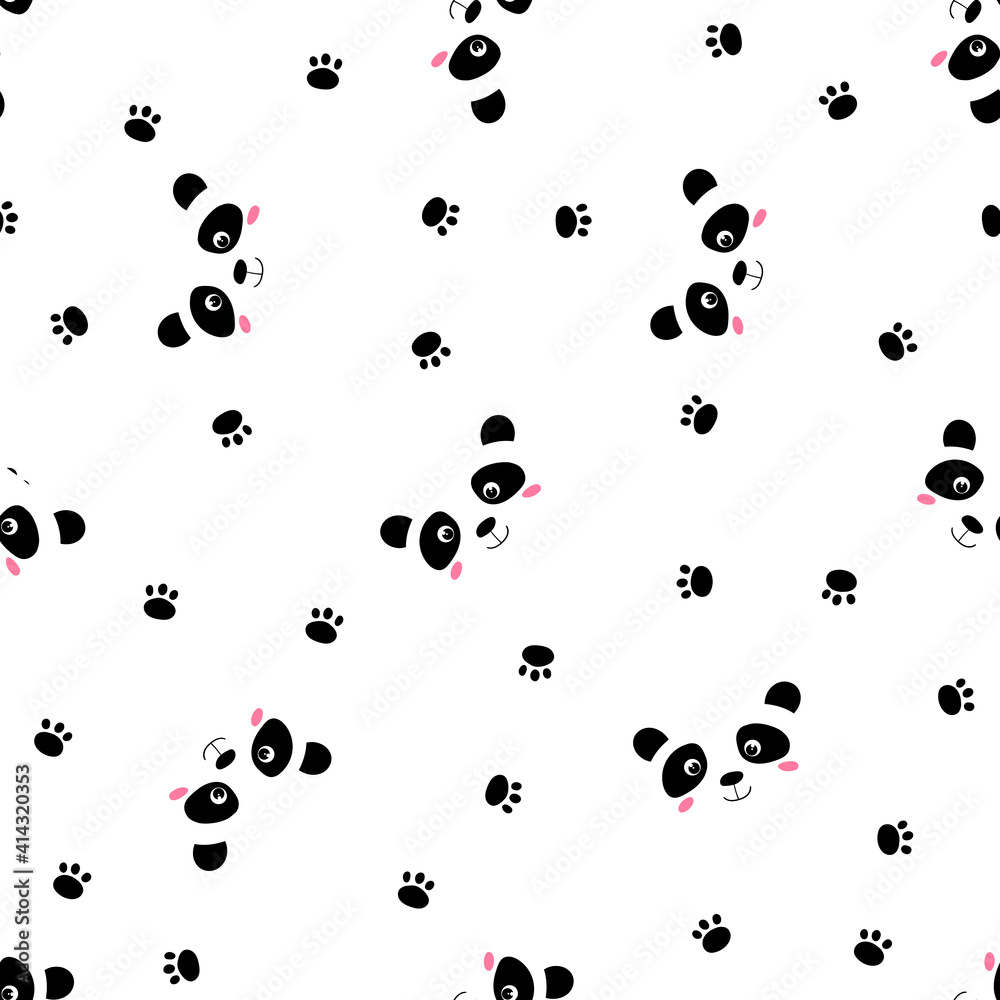 Seamless pattern with cute panda baby on white background. Funny asian animals. Card, postcards for kids. Flat vector illustration for fabric, textile, wallpaper, poster, gift wrapping paper.