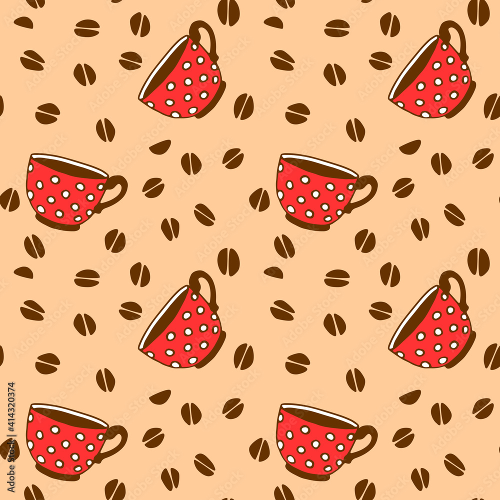 Seamless pattern with red polka dot cups mugs and grains of coffee. Hand drawn kitchen supplies isolated. Vector background and texture. Perfect for packaging, home decoration, textile, menu, cafe
