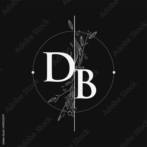Letter DB Initial Logo with Hand Draw Floral, Initial Wedding Font Logo with Circle and Flowers.