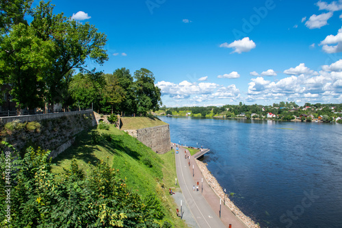Old bastions and park along the Narva Promenade by the Narva River in eastern Estonia by the Russian border