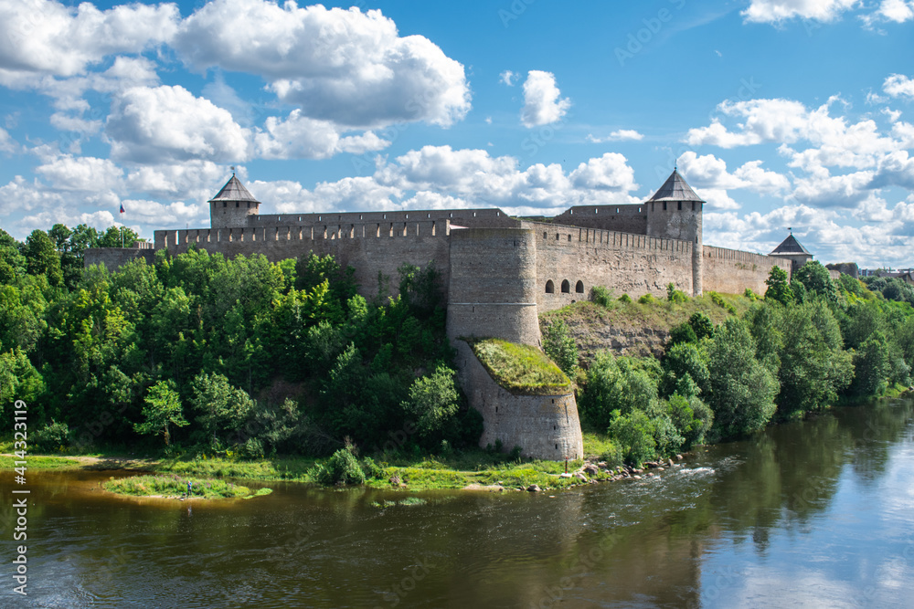 View across the Narva River to Ivangorod Fortress in Leningrad Oblast, Russia
