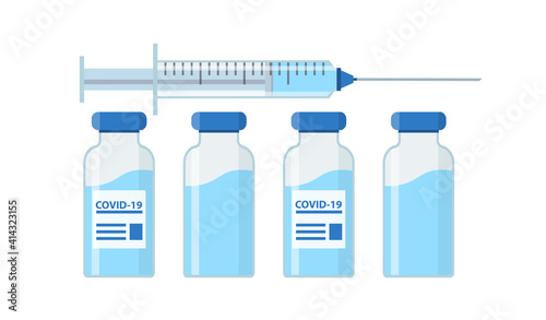 Vaccination concept. Idea vaccine injection for protection from disease covid 19. Blue Icon syringe and bottle, vaccine against corona virus. Vector flat illustration isolated.