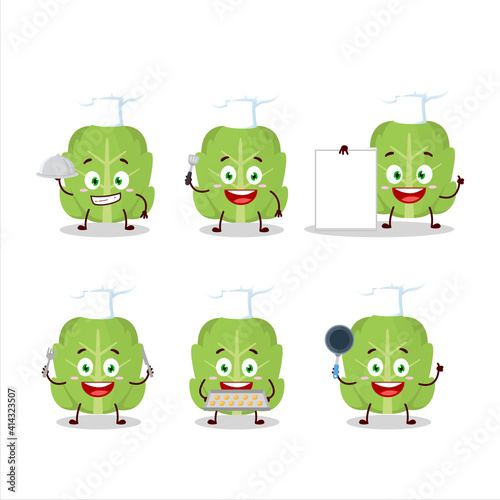 Cartoon character of cabbage with various chef emoticons