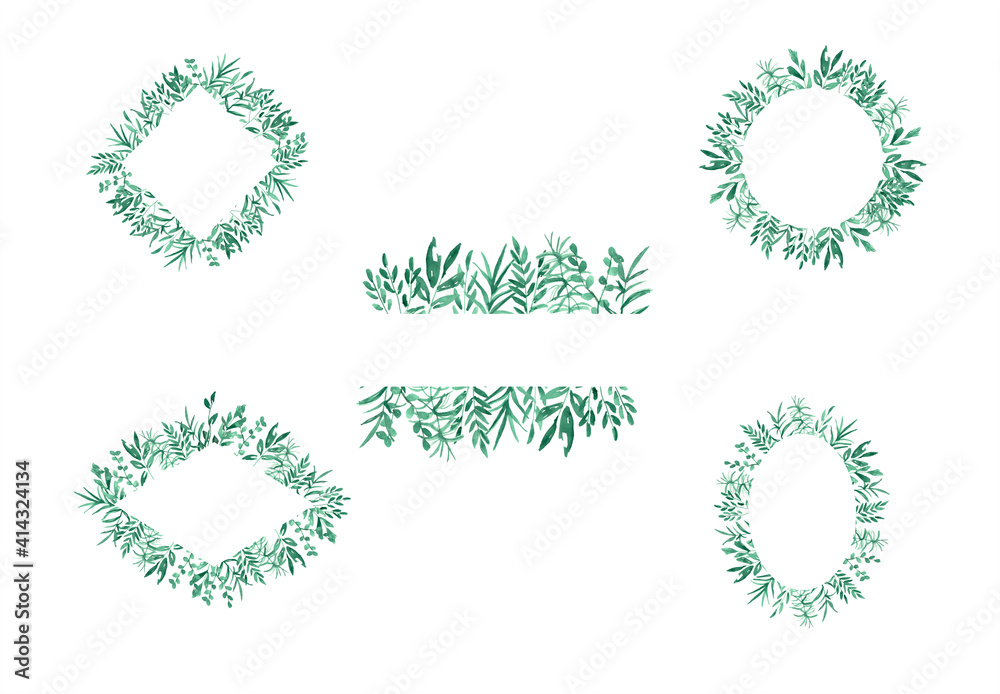 Watercolor greenery frames green herbs leaves branches clipart foliage wreath frames bright emerald fresh wedding Christmas decoration