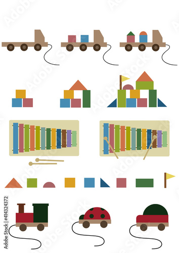 イラスト素材：木製の積み木や木琴、紐引き車など落ち着いた色合いの手描きイラストセット