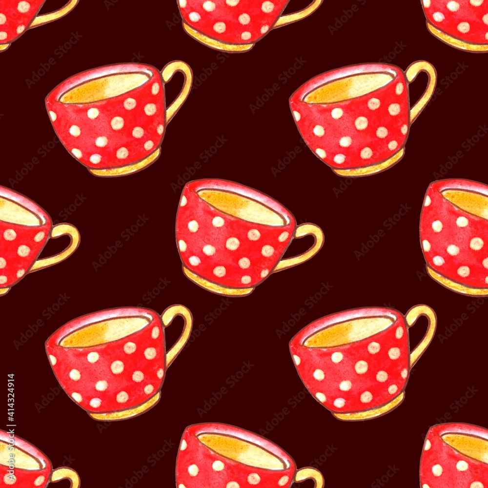 Seamless pattern with red polka dot cups. Watercolor Background and texture with Mugs from hot drink. Hand drawn kitchen supplies. Perfect for packaging, home decoration, textile, menu, cafe Seamless pattern with red polka dot cups. Watercolor Background and texture with Mugs from hot drink. Hand drawn kitchen supplies. Perfect for packaging, home decoration, textile, menu, cafe