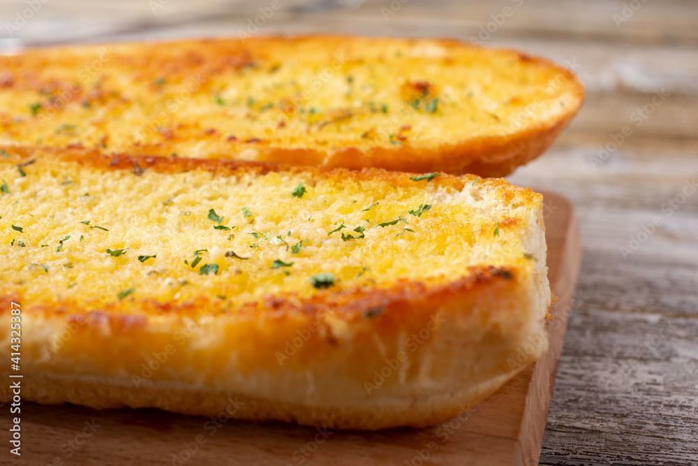 A closeup view of garlic bread. A closeup view of garlic bread.