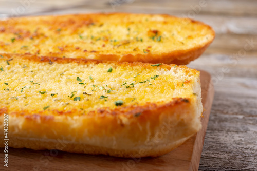 A closeup view of garlic bread.