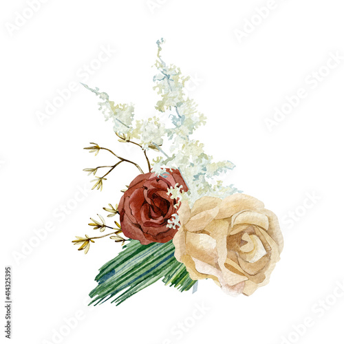 Fototapeta Naklejka Na Ścianę i Meble -  Watercolor floral bouquet. Wild floral boho golden and red rose, fir branch, pampas grass.  Greenery illustration. Burgundy floral.