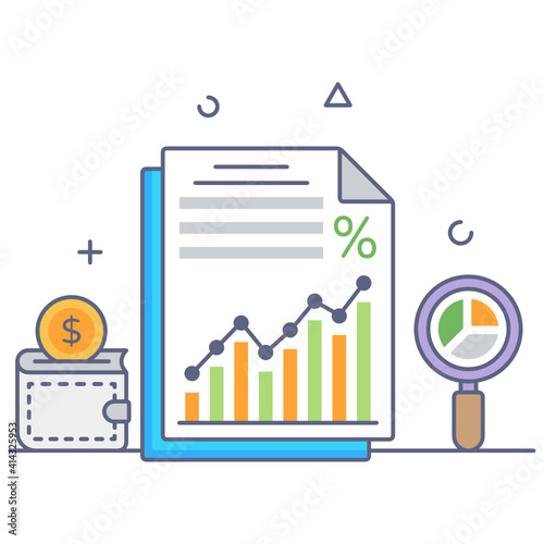 
Document with magnifier denoting flat icon of financial analysis 
