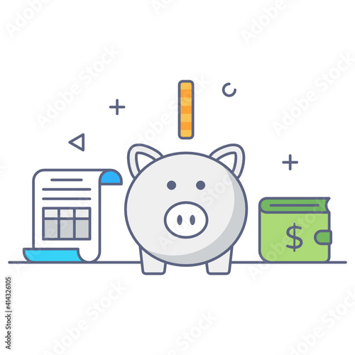 
Piggy bank in flat outline style, savings or accumulation of money 
