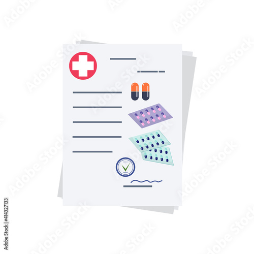 Price list, invoice, doctor's prescription, or reference information for medicines. A set of medicines for a fee. Stamp and signature. Health care medicine, pharmacy and vaccination concept. Vector