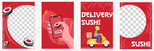 set of templates for sushi business. Social media templates with png cell for product. Sushi order and delivery banner