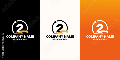 Flash initial number 2 Logo Icon Template. Illustration vector graphic. Electrical Bolt and electric plugs With number symbol. Perfect for corporate, more technology brand identity
