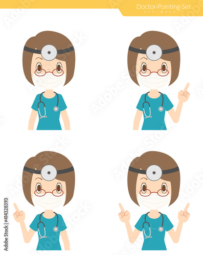 指差しをするマスクと額帯鏡を付けた女性医師　セット