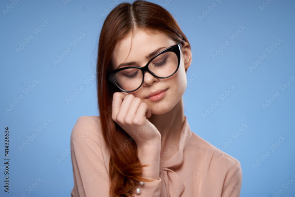 beautiful woman charm hand near face glasses studio attractiveness beautiful woman charm hand near face glasses studio attractiveness