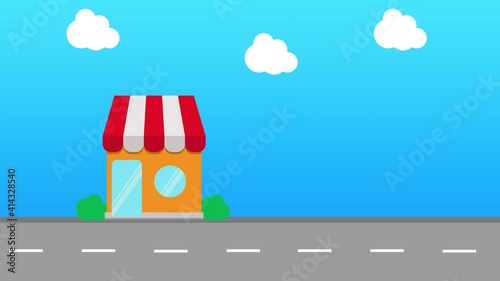 store cartoon on street with moving white cloud and blue sky