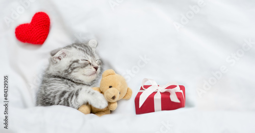 Tiny tabby kitten sleeps under white blanket with red heart and gift box and hugs toy bear. Top down view. Empty space for text