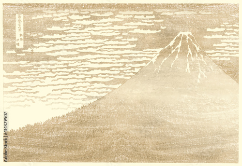 Golden hour at Mount Fuji vintage illustration vector, remix of original painting by Hokusai. photo