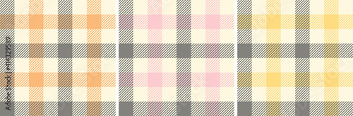 Gingham pattern set in grey, pink, orange, yellow. Vichy seamless check background art striped graphics for shirt, tablecloth, tea towel, other modern spring summer casual fashion textile print.