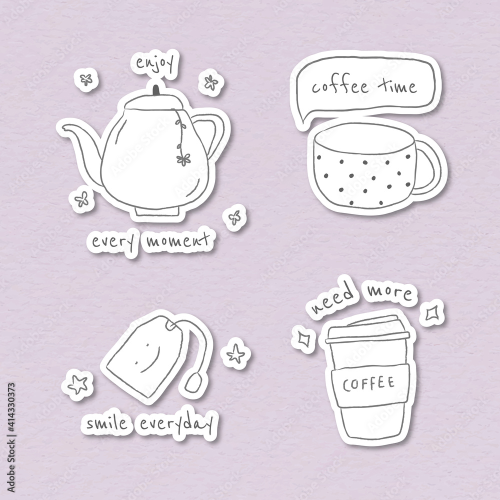 Cute coffee doodle journal sticker set vector Cute coffee doodle journal sticker set vector