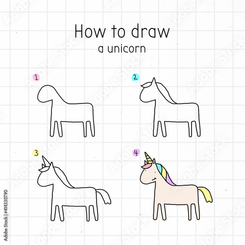How to draw a unicorn doodle tutorial vector