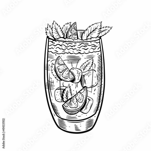 Hand drawn black color mojito vector illustration. Vintage style.