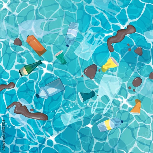 Polluted seashore with sand, garbage, bottles, paper cups, plastic bags, trash, top view. Cartoon vector illustration.
