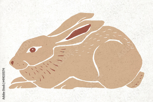Beige rabbit vector vintage linocut illustration