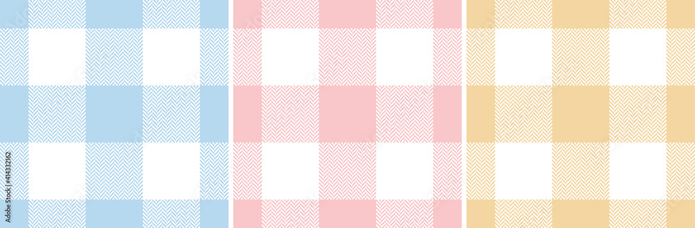 Buffalo plaid pattern set in pastel blue, pink, yellow, white. Seamless herringbone textured decorative art for tablecloth, flannel shirt, other modern everyday fashion textile or paper print.