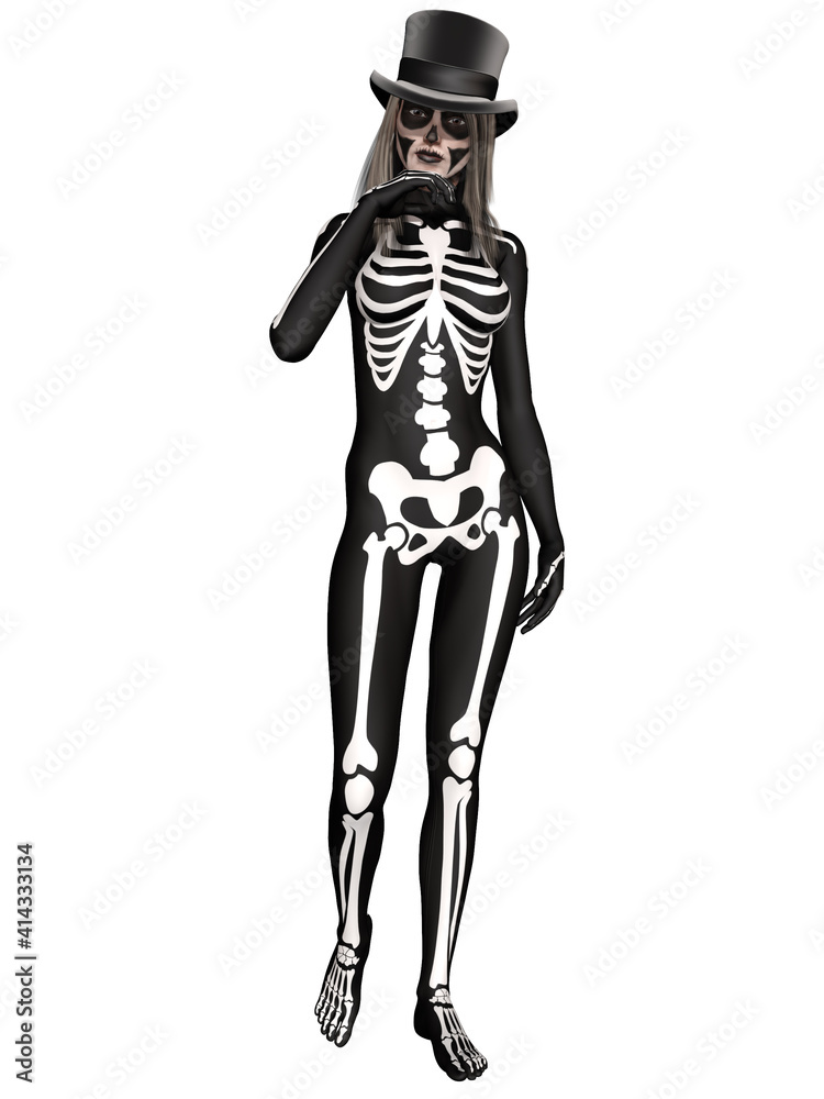 3d render of a sexy girl that posing in a  skeleton bodysuit costume