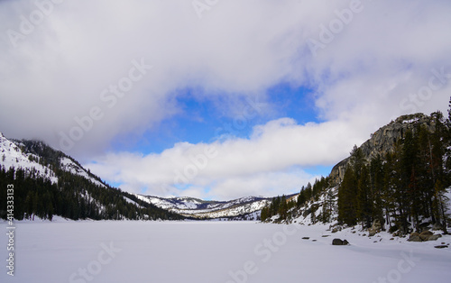 Snow-Covered Desolation Wilderness Above a Frozen Echo Lake California