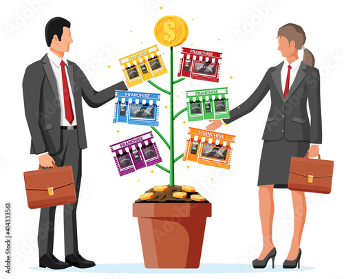 Successful franchise money tree and business people. Franchising shop building or commercial property. Real estate business promotional, sme. Selling buying new business. Flat vector illustration