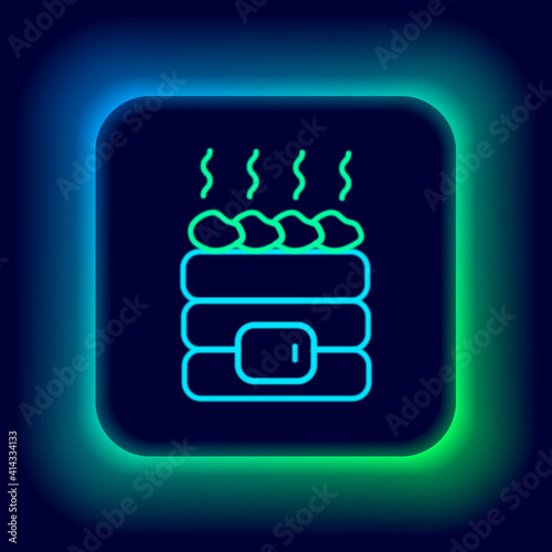 Glowing neon line Hot sauna stones icon isolated on black background. Spa resort recreation, bathhouse relaxation. Hot stones on electric heater. Colorful outline concept. Vector.