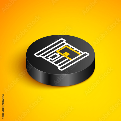 Isometric line Sauna wooden bathhouse icon isolated on yellow background. Heat spa relaxation therapy bath and hot steam healthcare, relax therapy. Black circle button. Vector.