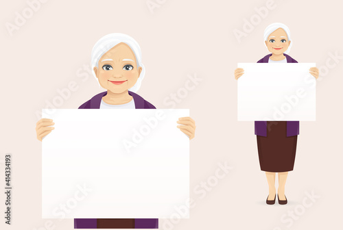 Mature senior woman in casual clothes presenting something showing holding empty blank board placard vector illustration