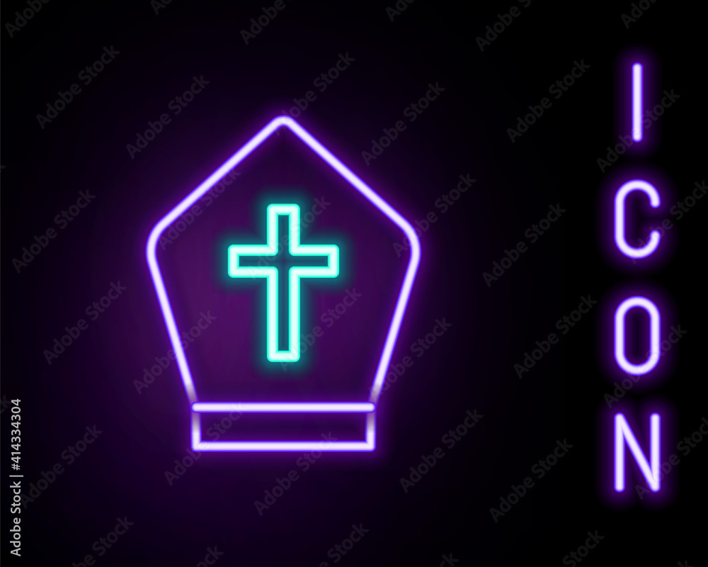Obraz premium Glowing neon line Pope hat icon isolated on black background. Christian hat sign. Colorful outline concept. Vector.